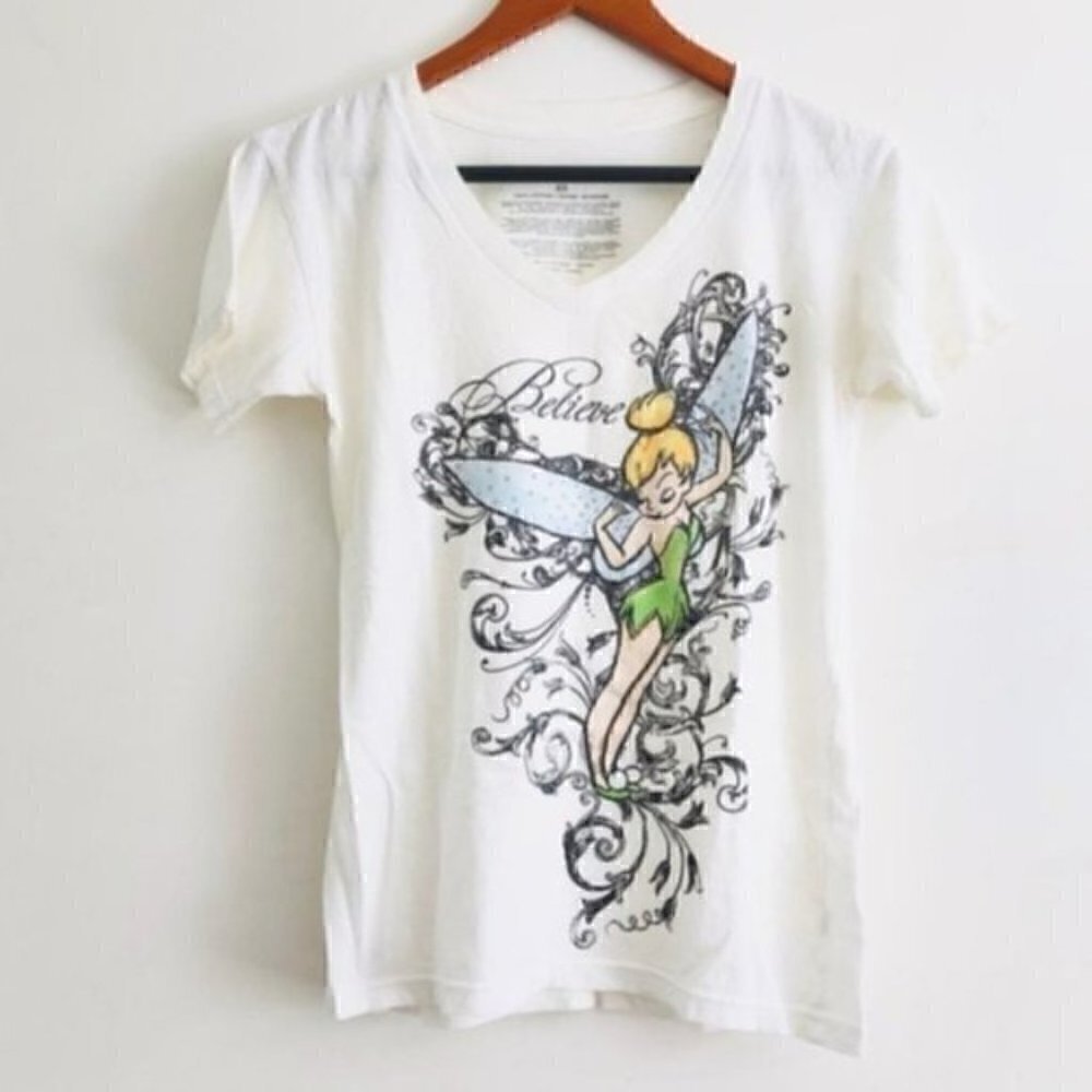 Disney Store T-Shirt XS Tinker Bell 'Believe' Graphic V-Neck White